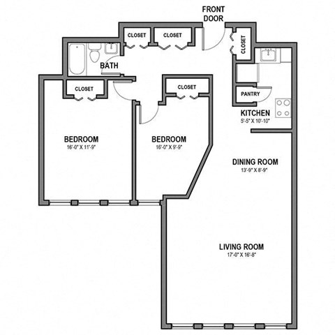2 Bedroom 1 Bathroom Floor Plan at Walnut Towers at Frick Park, Pittsburgh, 15217